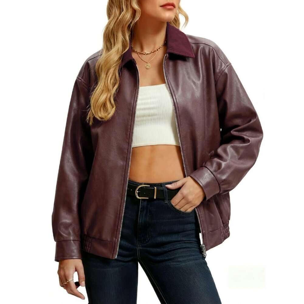 Oversized Faux Leather Motorcycle Jacket Women's Windproof Bomber